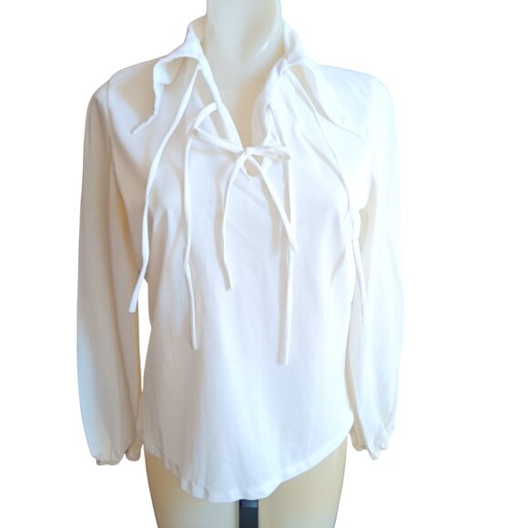 Small Vintage White Long Sleeve Blouse Tie Neck & Elastic Cuffs 1970's Boho 1OF1 - Picture 2 of 8